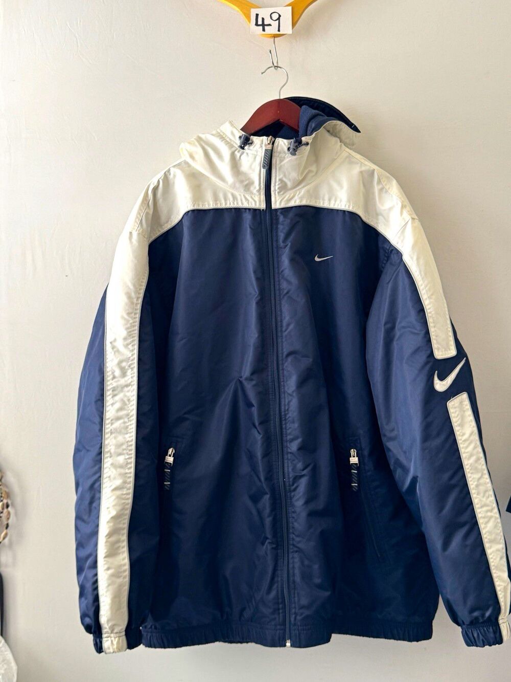 Vintage Nike Jacket Mens XXL Navy White Big Swoosh Hooded Insulated Y2K 2XL